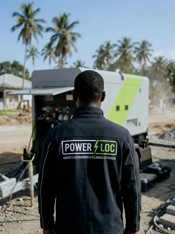 Technicien POWERLOC devant un groupe électrogène