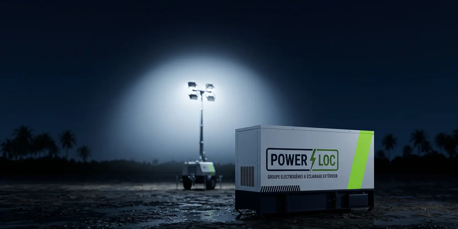Un groupe électrogène POWERLOC, de nuit, devant une tour d’éclairage allumée